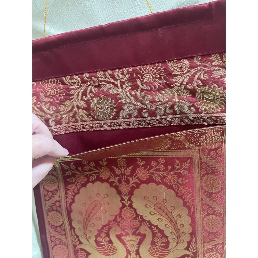 Handmade Red Silk Banarasi Brocade Wall Hanging & Mail Organizer-Peacock Design